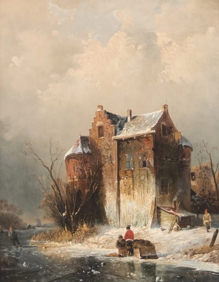 Charles Leickert - Castello sul fiume ghiacciato